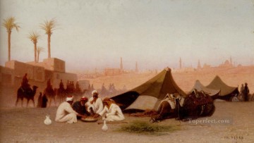  Arab Oil Painting - A Late Afternoon Meal At An Encampment Cairo Arabian Orientalist Charles Theodore Frere